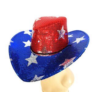 Red & Blue Sequin Flashing Cowboy Hat w/ Silver Sequin Stars Unisex One Size